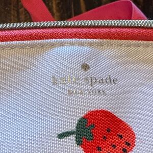 kate spade White Canvas Strawberry Print Cosmetic Pouch with Pink Trim